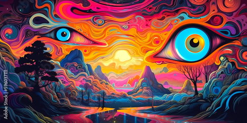 psychedelic dreamworld island background artwork, created with generative ai