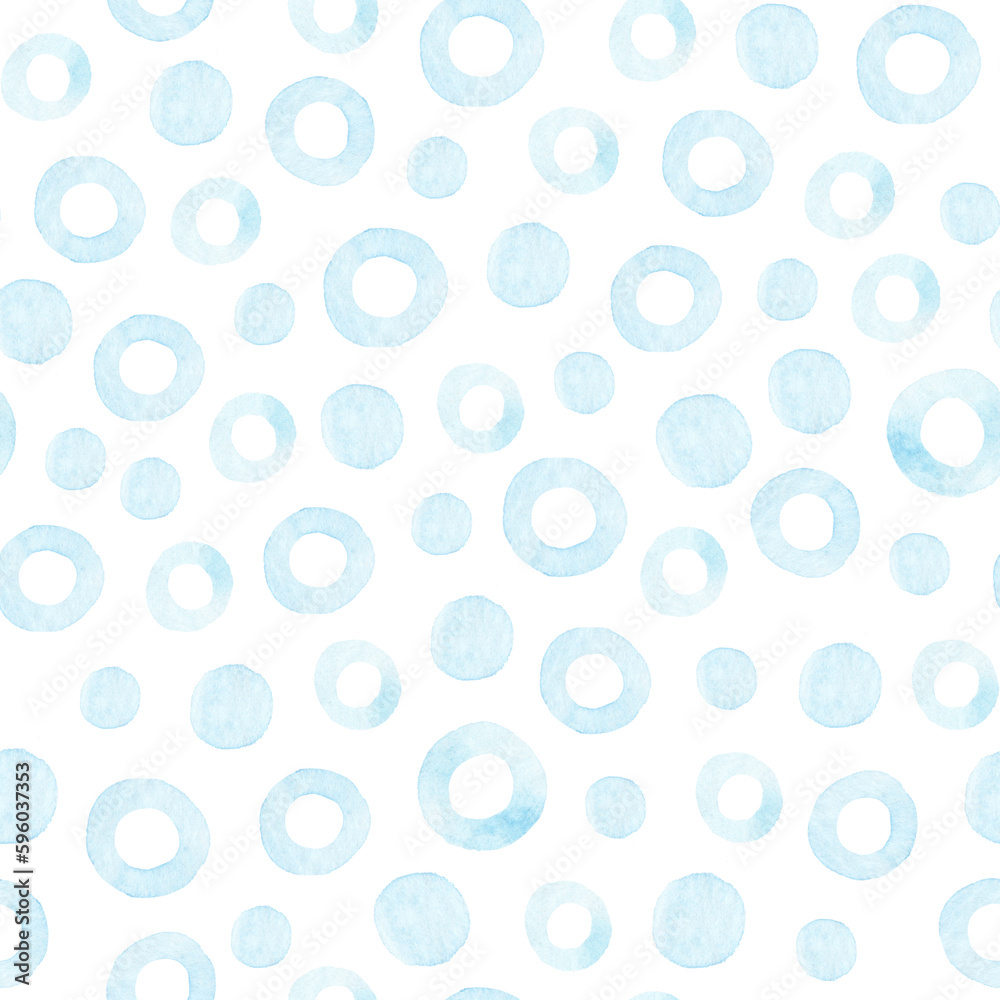 Watercolor abstract pattern with blue hand-drawn circles. Seamless texture with watercolor dots. 
