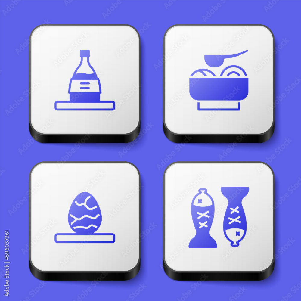 Set Bottle of sake, Ramen soup bowl, Chinese tea egg and Served fish on plate icon. White square button. Vector Set Bottle of sake, Ramen soup bowl, Chinese tea egg and Served fish on plate icon. White square button. Vector
