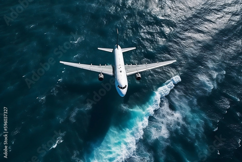 Top View Close Up of Airplane Flying over the Sea