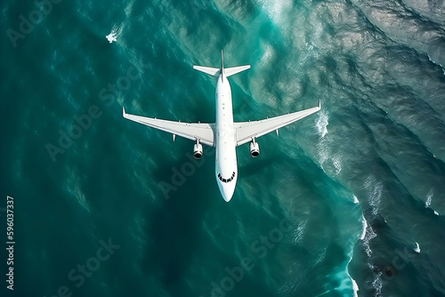 Top View Close Up of Airplane Flying over the Sea