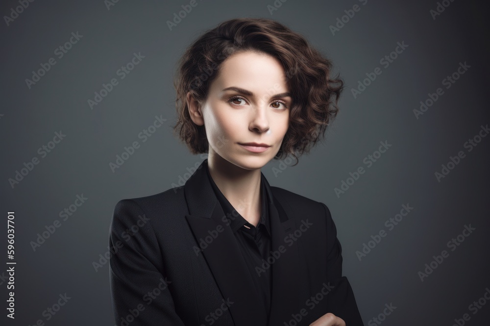 Portrait of a beautiful brunette woman in black suit on grey background