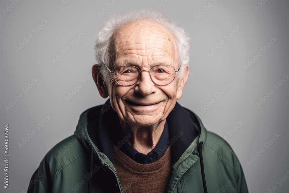 Portrait of an old man in a jacket and glasses on a gray background Portrait of an old man in a jacket and glasses on a gray background