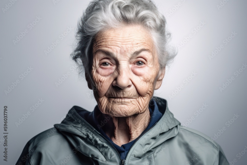 Portrait of an elderly woman on a gray background. Studio shot.