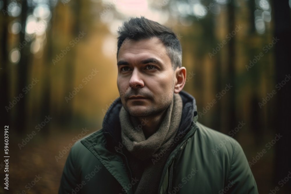 Portrait of a young man in the autumn forest. A man in a green jacket and scarf. Portrait of a young man in the autumn forest. A man in a green jacket and scarf.