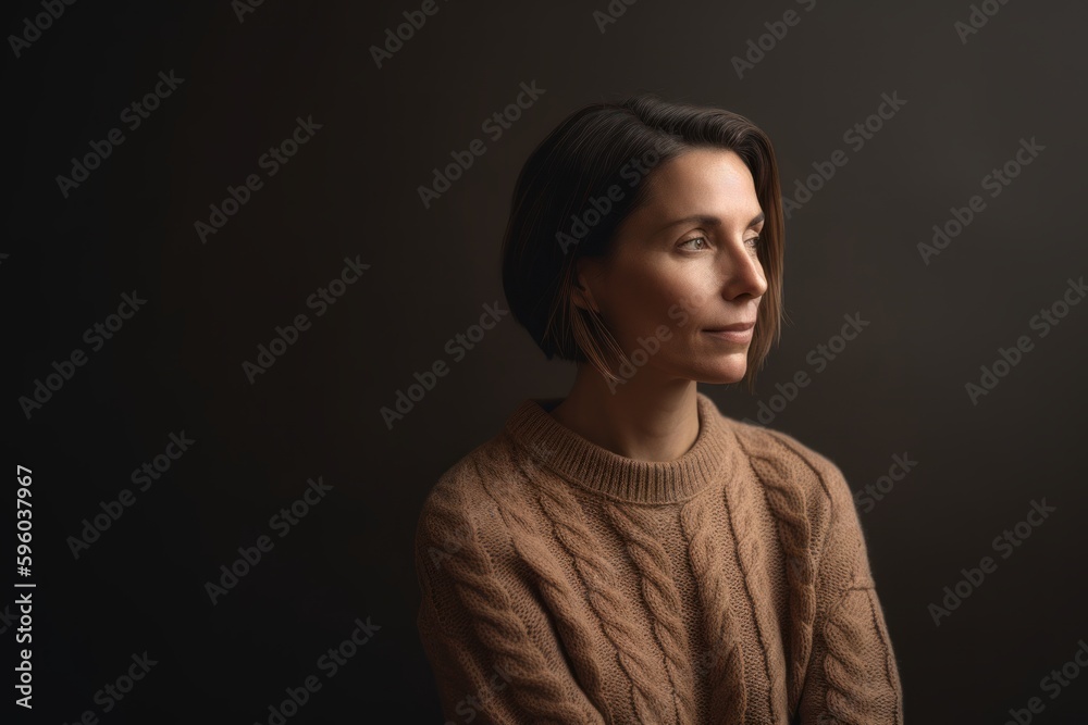 Portrait of a woman in a brown sweater on a dark background Portrait of a woman in a brown sweater on a dark background