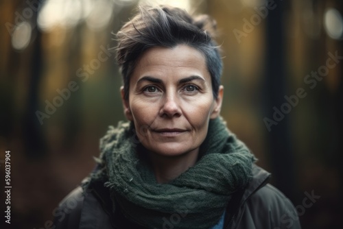 Portrait of middle-aged woman with short hair in autumn forest