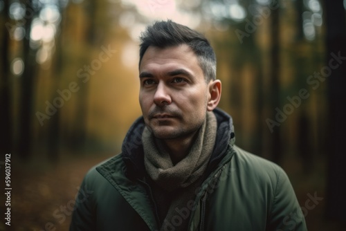 Portrait of a young man in the autumn forest. A man in a green jacket and scarf.