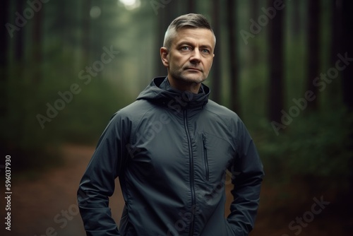 Portrait of a man in a dark forest. Sport and recreation.