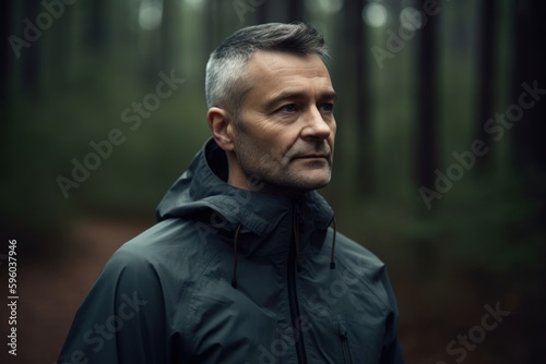 Portrait of a man in a raincoat in the forest. © Robert MEYNER