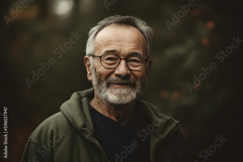 Portrait of a senior man with glasses in the autumn forest.
