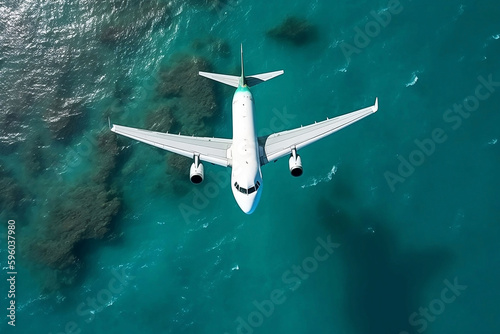 Top View Close Up of Airplane Flying over the Sea