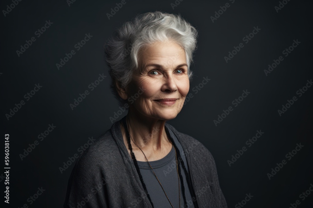 Pet portrait photography of a pleased woman in her 60s wearing a chic cardigan against a minimalist or empty room background. Generative AI