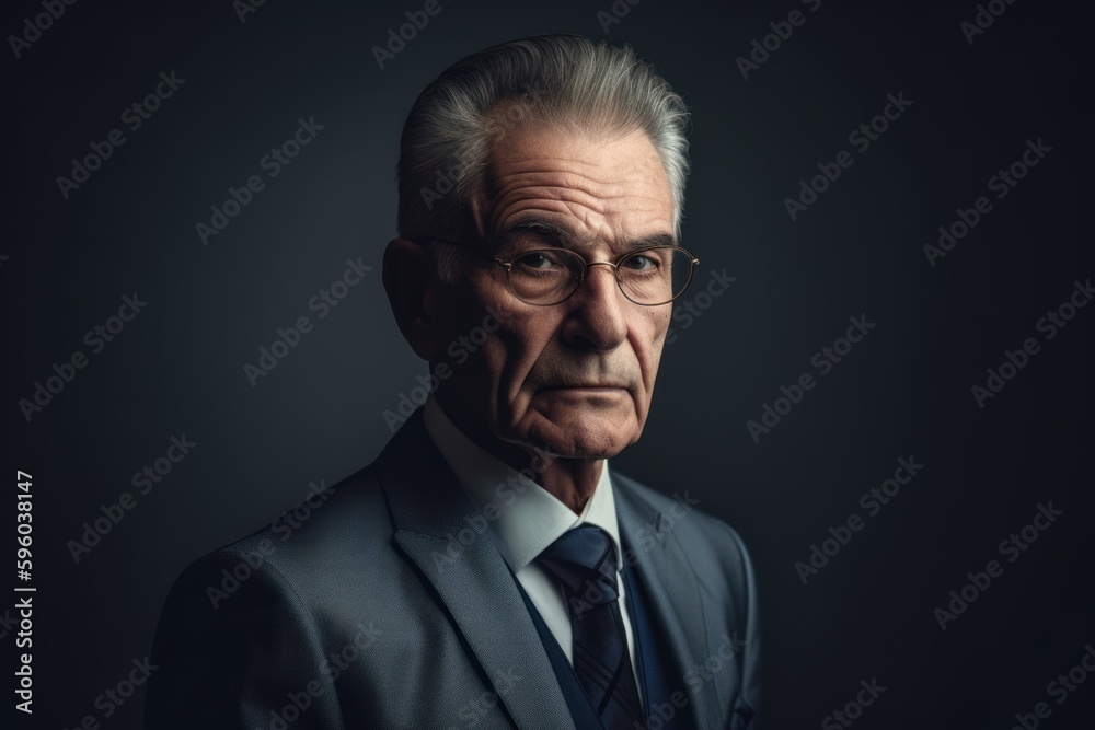 Portrait of a senior businessman looking at camera on dark background.