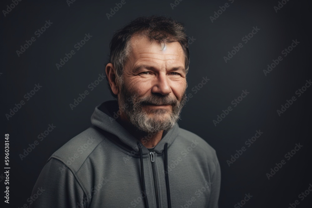 Portrait of mature man in grey hoodie on dark background.
