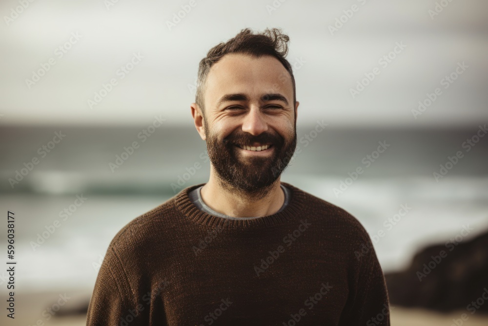 Fototapeta premium Portrait of handsome bearded man smiling at camera while standing on beach