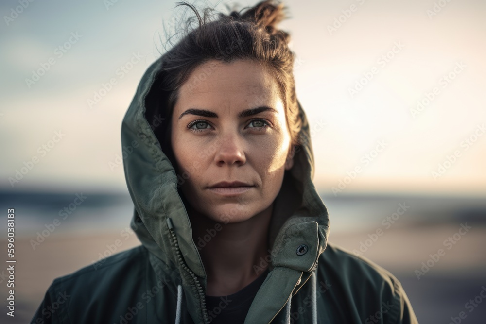 Portrait of a beautiful young woman in a green jacket on the beach Portrait of a beautiful young woman in a green jacket on the beach