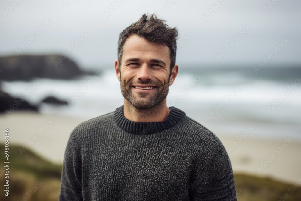Portrait of handsome man smiling at camera while standing on the beach Portrait of handsome man smiling at camera while standing on the beach