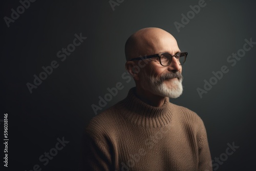 Portrait of a senior bald man in glasses on a dark background.