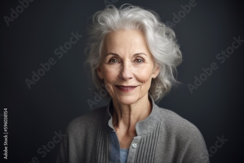 Portrait of a beautiful senior woman with grey hair on a dark background