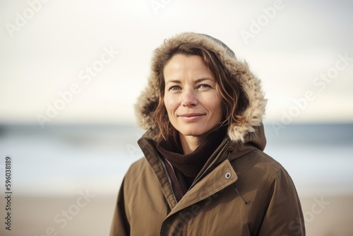 Portrait of smiling middle-aged woman in winter coat on the beach