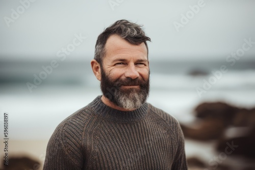 Portrait of a handsome middle-aged man with grey beard and mustache on the beach