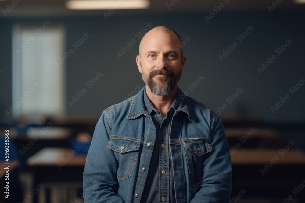 Portrait of a bald man with a beard in a denim jacket Portrait of a bald man with a beard in a denim jacket