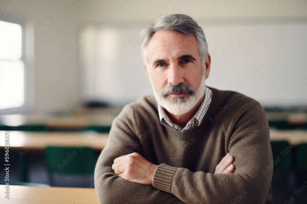Photography in the style of pensive portraiture of a satisfied man in his 50s wearing a cozy sweater against a classroom or educational setting background. Generative AI Photography in the style of pensive portraiture of a satisfied man in his 50s wearing a cozy sweater against a classroom or educational setting background. Generative AI