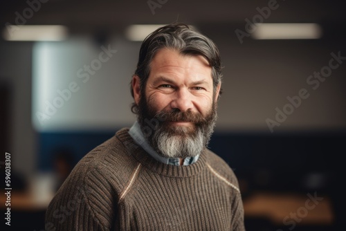 Portrait of a handsome mature man with gray beard and mustache in the office