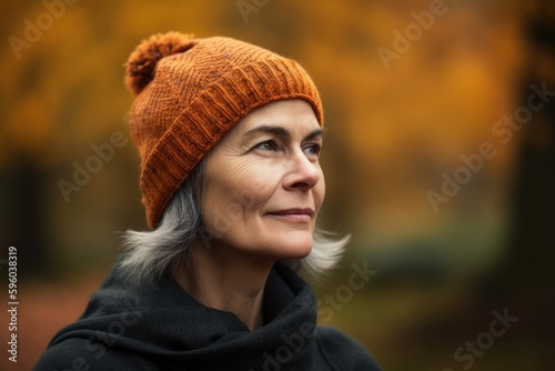 Lifestyle portrait photography of a pleased woman in her 50s wearing a warm beanie or knit hat against an autumn foliage background. Generative AI
