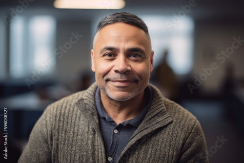 Portrait of mature businessman smiling at camera while standing in creative office