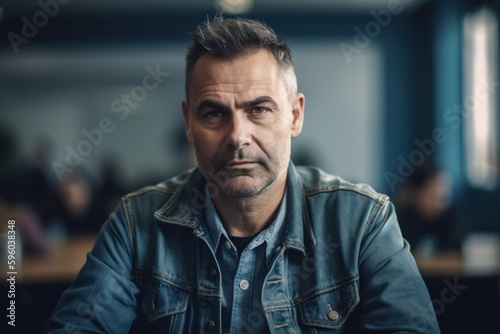 Portrait of a middle-aged man in a denim jacket in a cafe