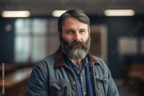 Portrait of a bearded man in a denim jacket in the office