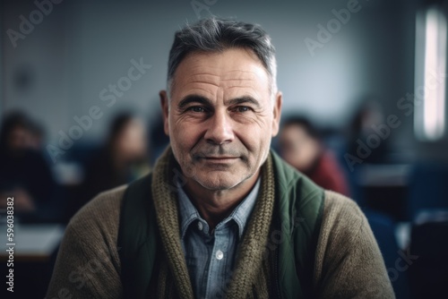 Portrait of mature man sitting in lecture hall, looking at camera.