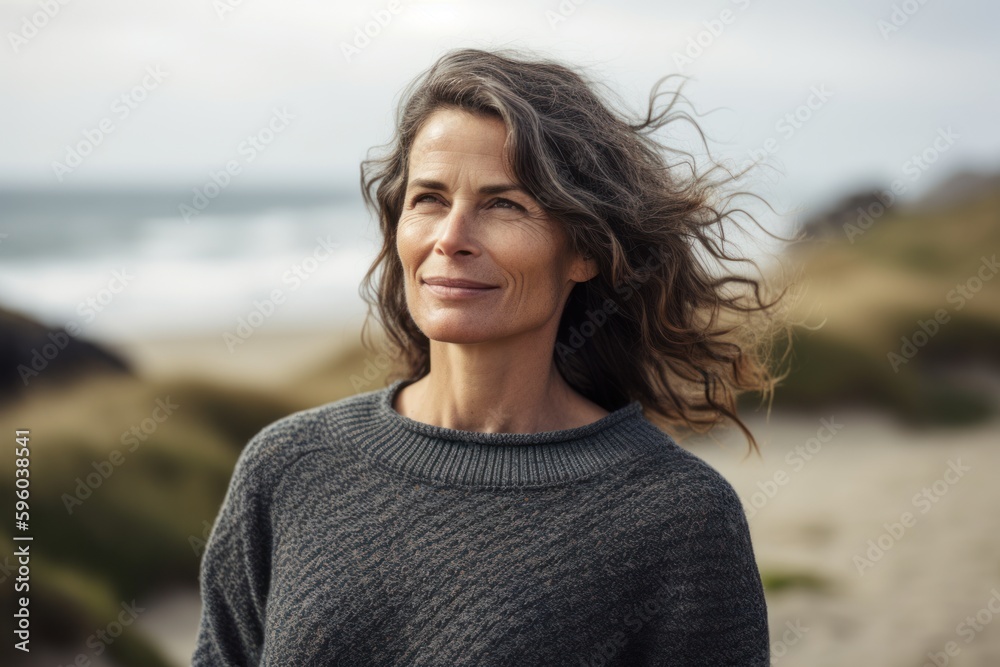 Lifestyle portrait photography of a pleased woman in her 40s wearing a cozy sweater against a summer landscape or beach background. Generative AI Lifestyle portrait photography of a pleased woman in her 40s wearing a cozy sweater against a summer landscape or beach background. Generative AI
