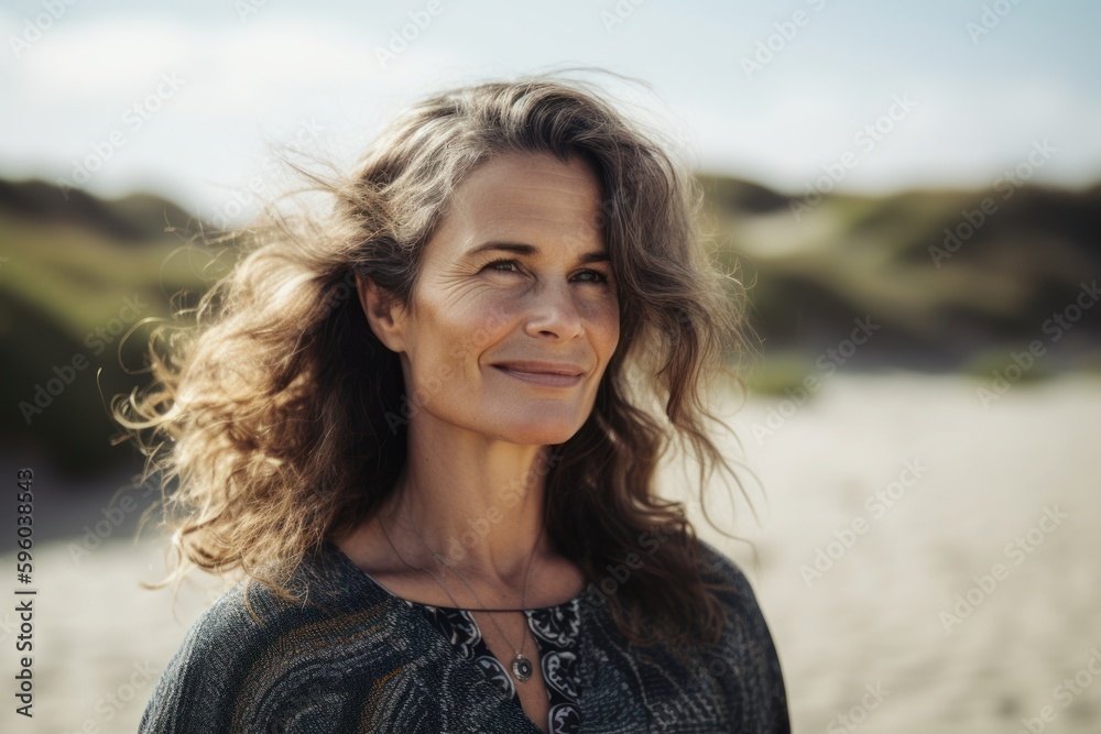 Lifestyle portrait photography of a grinning woman in her 40s wearing a chic cardigan against a summer landscape or beach background. Generative AI