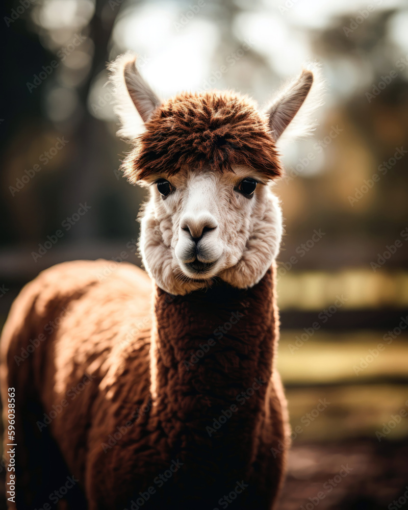 Portrait of an alpaca looking at camera in a farm