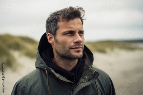 Portrait of handsome man standing on the beach and looking away.