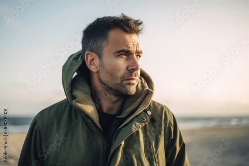 Medium shot portrait photography of a satisfied man in his 30s wearing a warm parka against a summer landscape or beach background. Generative AI