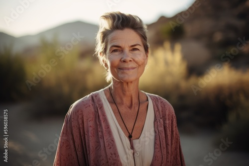 Portrait of smiling senior woman standing in desert on a sunny day