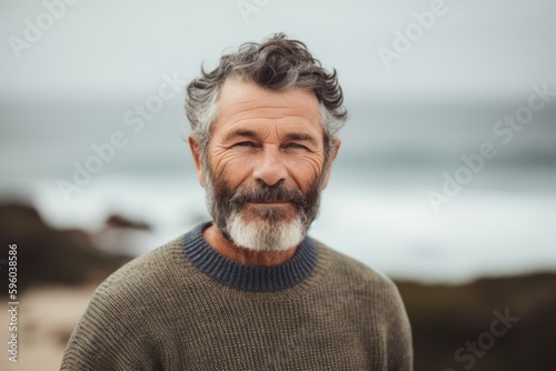 Portrait of mature man with grey beard looking at camera at beach