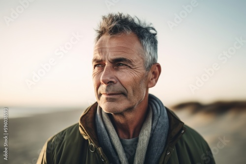 Portrait of a senior man on the beach at sunset in autumn