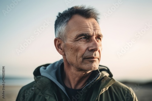 portrait of a senior man on the beach at sunset in autumn