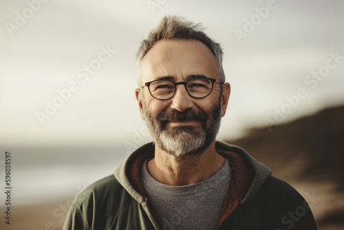 Portrait of senior man with eyeglasses standing on the beach