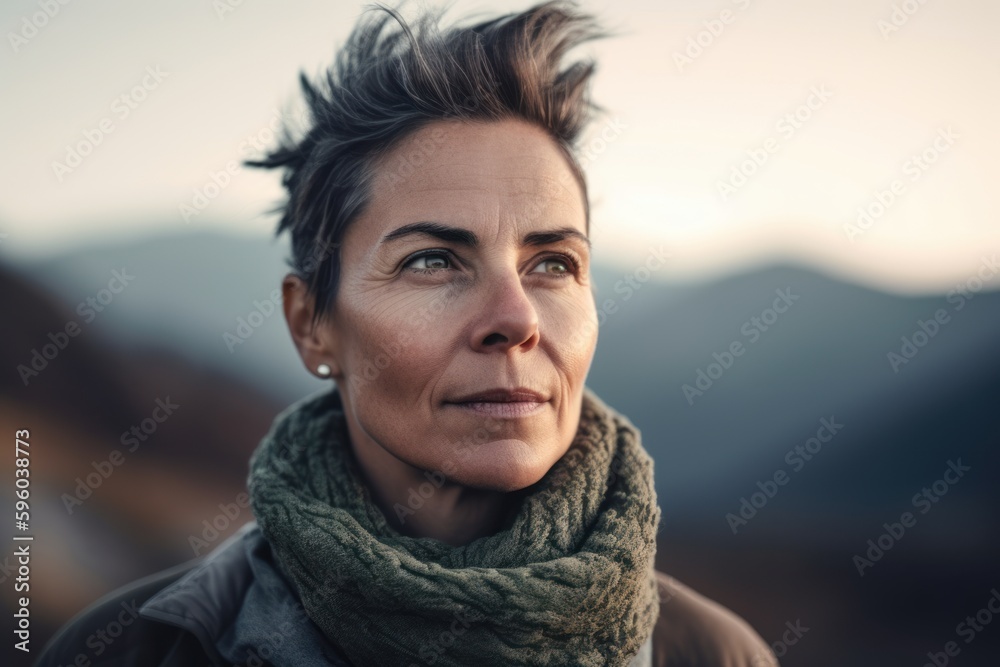 Portrait of a beautiful middle-aged woman on the background of mountains Portrait of a beautiful middle-aged woman on the background of mountains