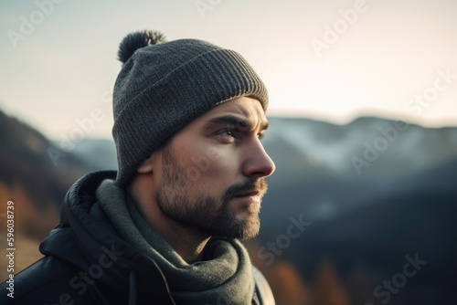 Portrait of a handsome young man with a beard in a knitted hat and coat on the background of the mountains. © Robert MEYNER