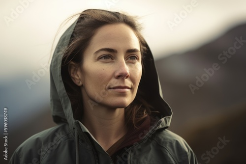 Portrait of a young woman wearing a raincoat in the mountains