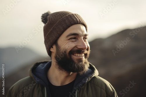 Portrait of a young man with a beard and a hat in the mountains