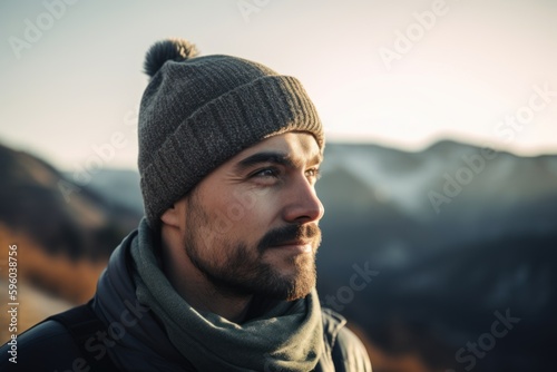 Portrait of a handsome bearded man in a hat and scarf in the mountains