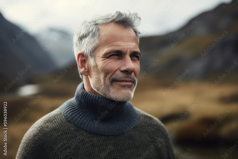 Portrait of a handsome middle-aged man with gray hair and gray eyes, wearing a woolen sweater, looking at the camera with a serious expression. Portrait of a handsome middle-aged man with gray hair and gray eyes, wearing a woolen sweater, looking at the camera with a serious expression.